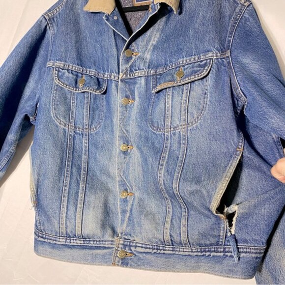 Vintage Blue Bay Distressed Blanket Lined Denim Trucker Jacket Blue Denim Jacket - Picture 11 of 16